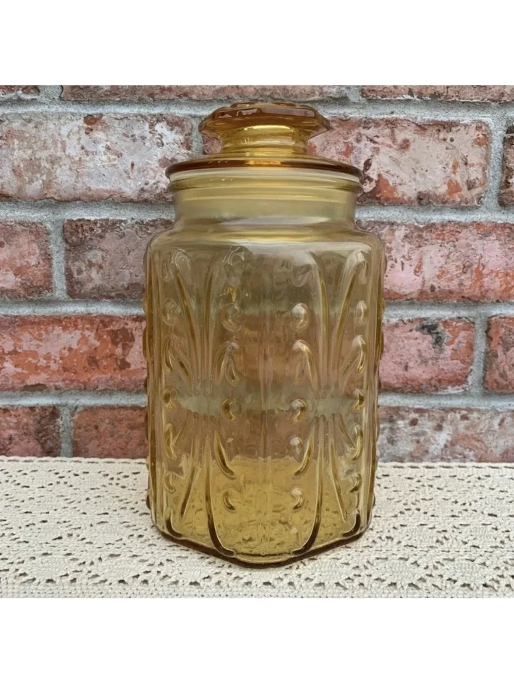 Vintage LE Smith Yellow Amber Atterbury Scroll Glass Canister Jar With Lid